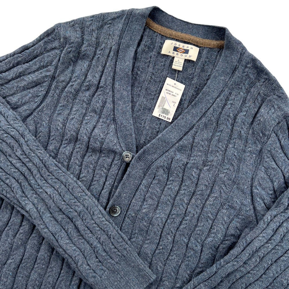 NEW Joseph Abboud Cardigan Sweater Mens L Blue Cable Knit Wool Blend V-Neck Dad